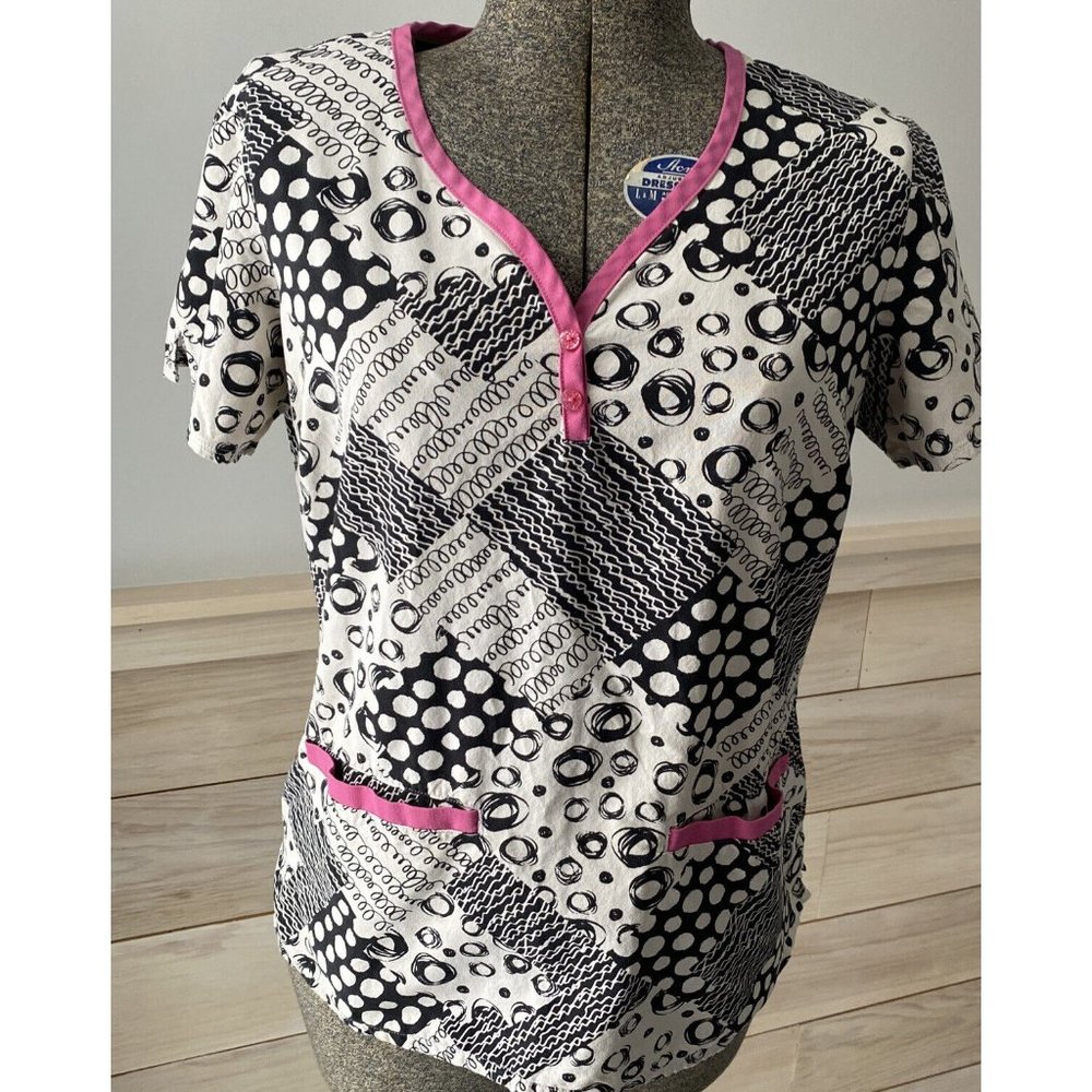 Healing Hands Scrub Top Womens Medium‎ White Black  Pink  V Neck 2218 2 Pocket